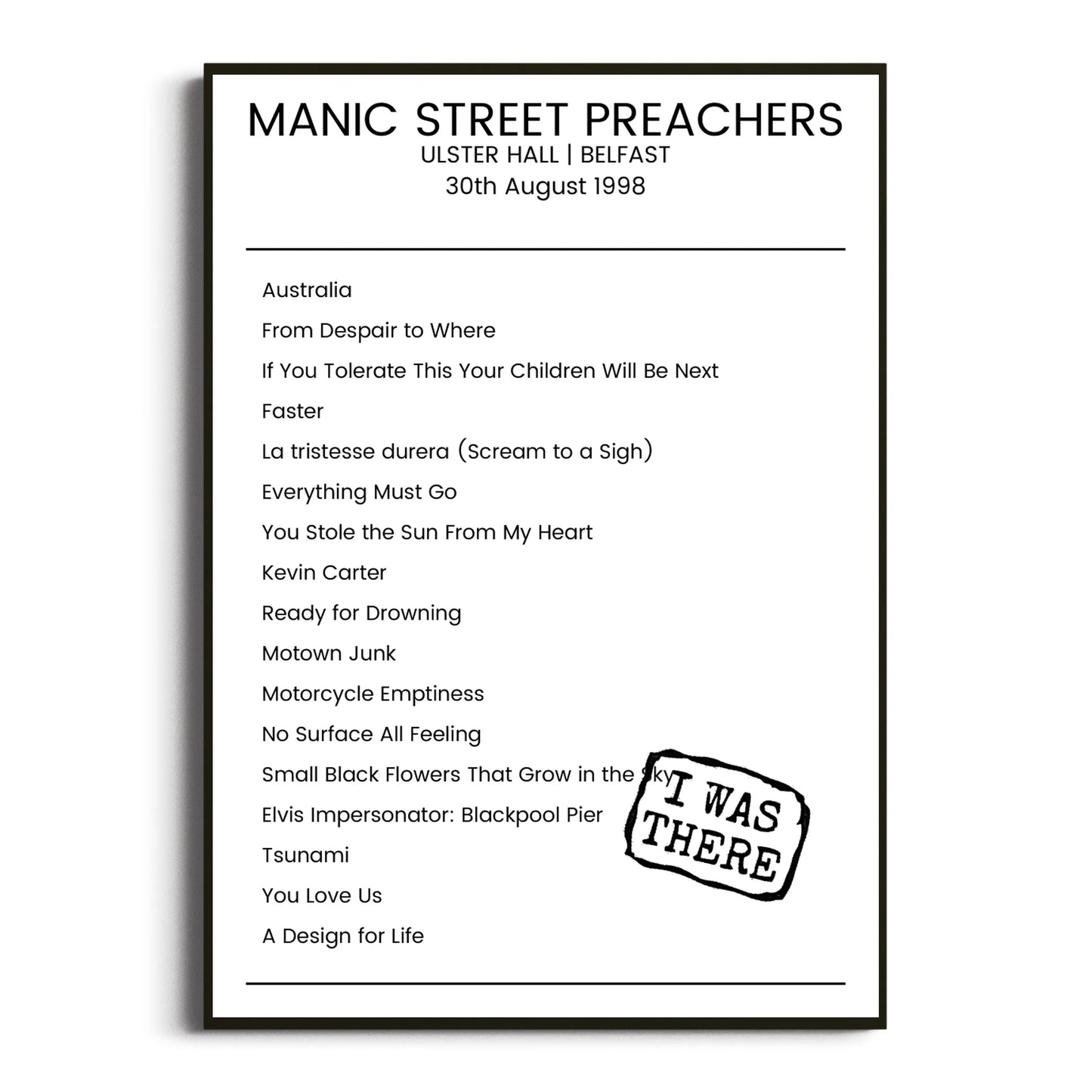 Manic Street Preachers Belfast 30 August 1998 Setlist Poster