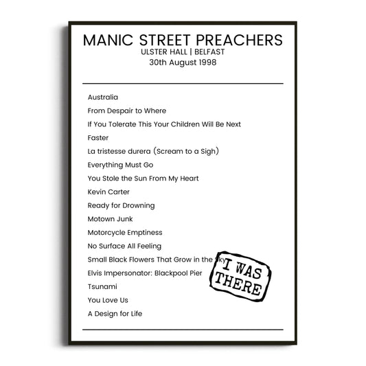 Manic Street Preachers Belfast 30 August 1998 Setlist Poster