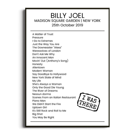 Billy Joel New York 25 October 2019 Setlist Poster