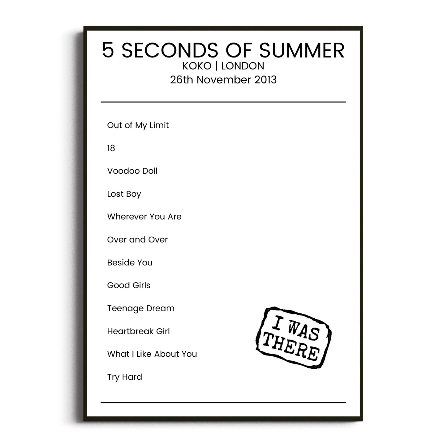 5 Seconds of Summer London 26 November 2013 Setlist Poster