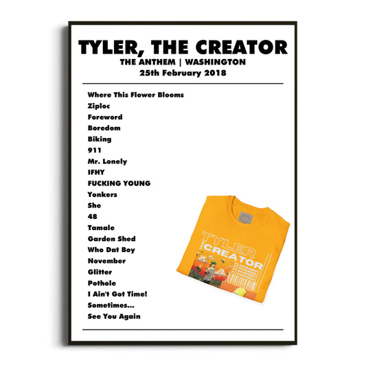 Tyler, The Creator Washington 25 February 2018 Setlist Poster