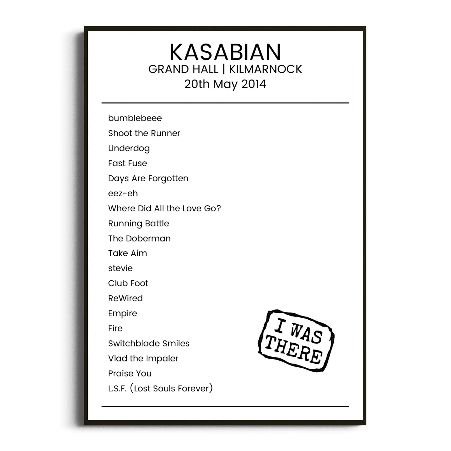 Kasabian Kilmarnock 20 May 2014 Setlist Poster