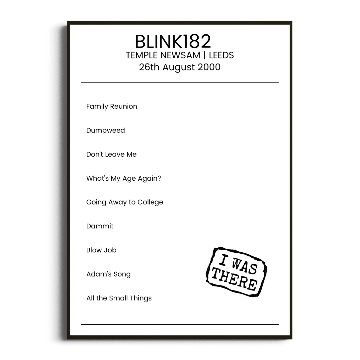 blink‐182 Leeds 26 August 2000 Setlist Poster