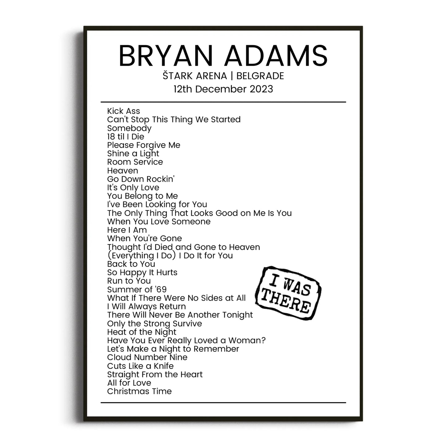 Bryan Adams Belgrade 12 December 2023 Setlist Poster