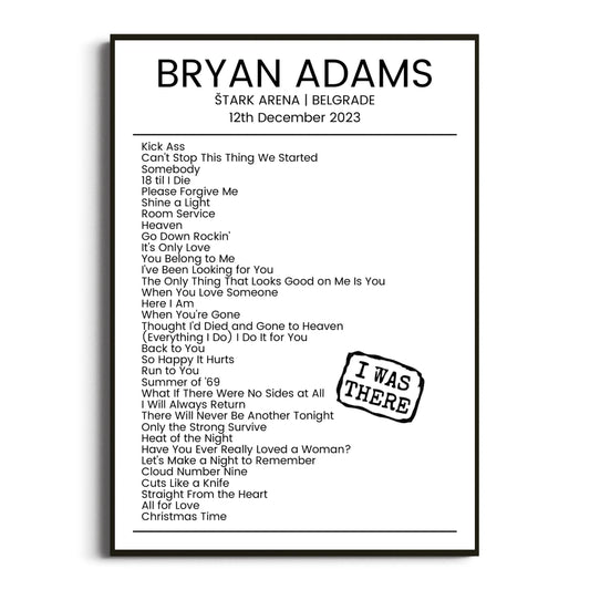 Bryan Adams Belgrade 12 December 2023 Setlist Poster