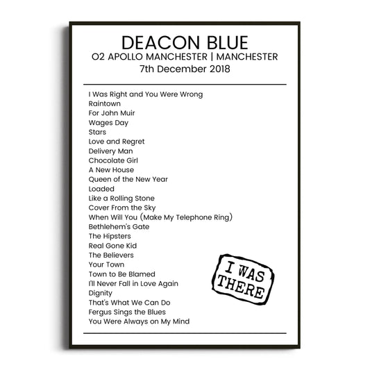 Deacon Blue Manchester 07 December 2018 Setlist Poster