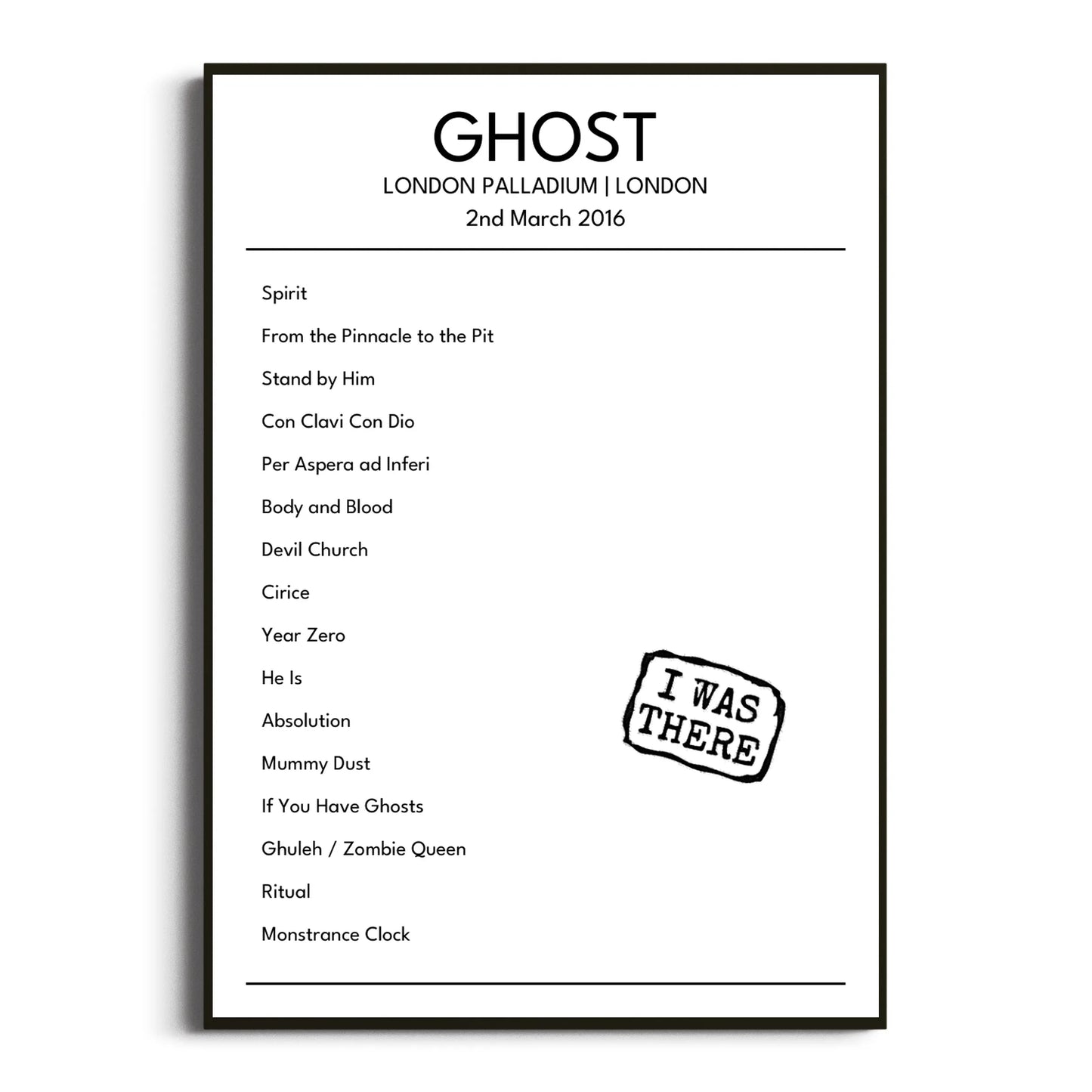 Ghost London 02 March 2016 Setlist Poster