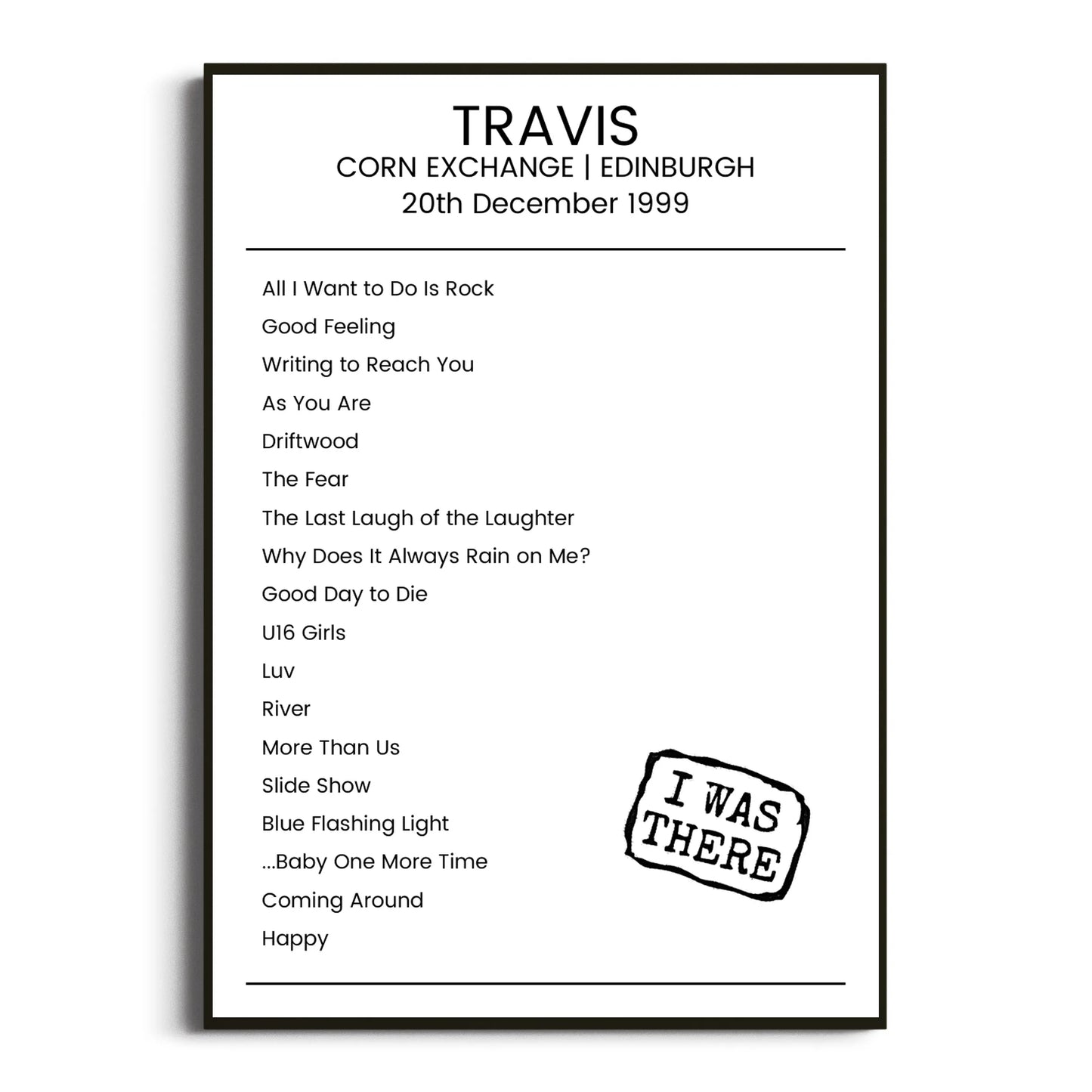 Travis Edinburgh 20 December 1999 Setlist Poster