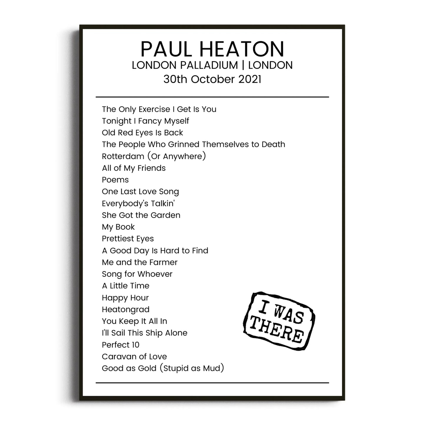 Paul Heaton London 30 October 2021 Setlist Poster