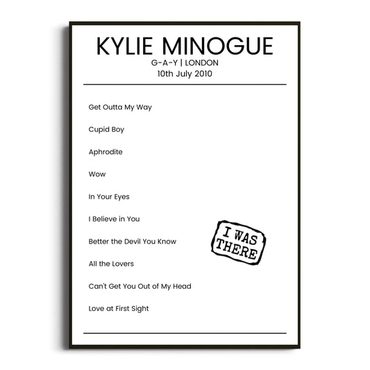 Kylie Minogue London 10 July 2010 Setlist Poster