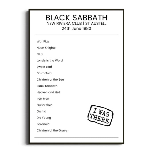 Black Sabbath St Austell 24 June 1980 Setlist Poster