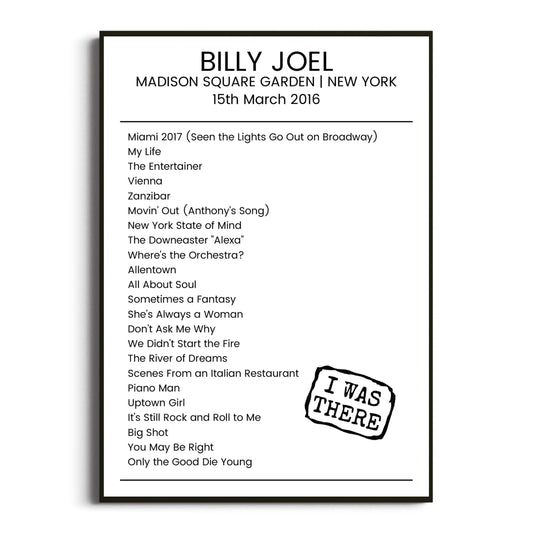 Billy Joel New York 15 March 2016 Setlist Poster