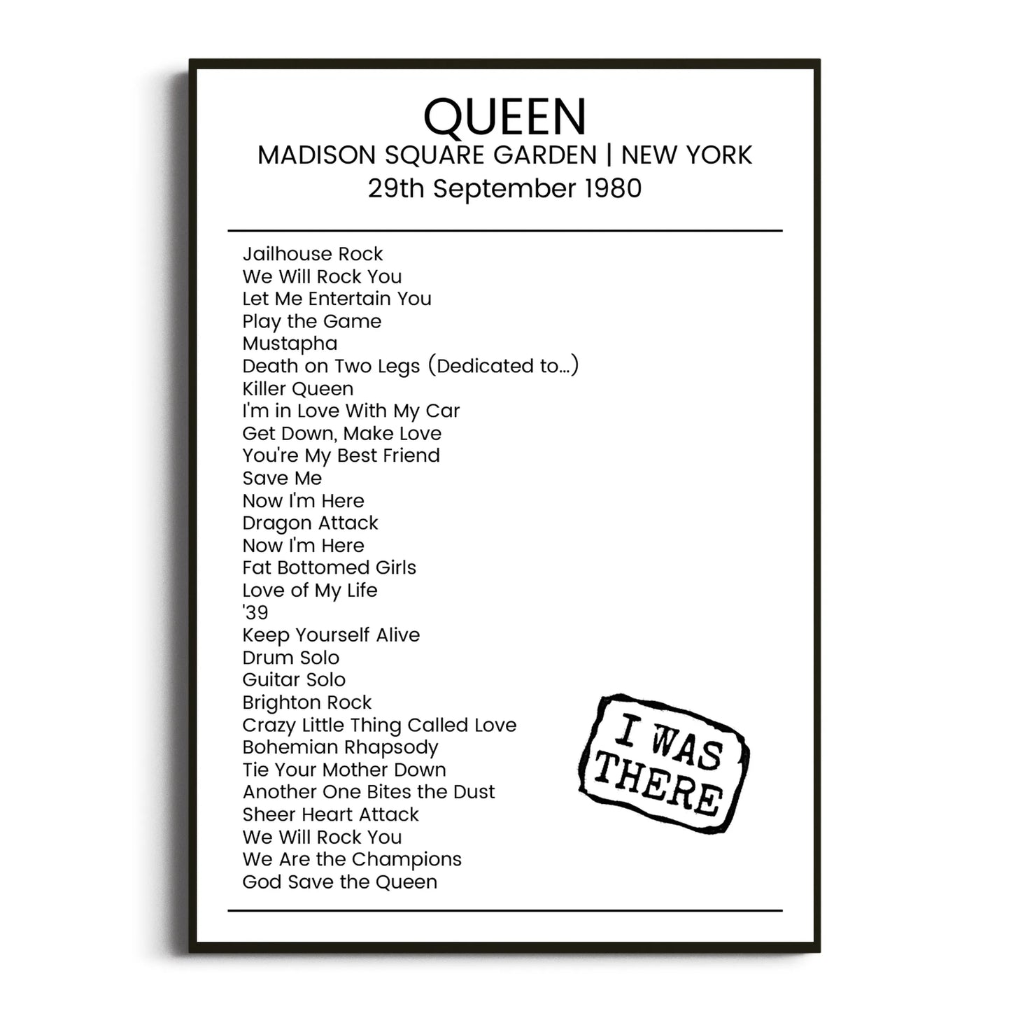 Queen New York 29 September 1980 Setlist Poster