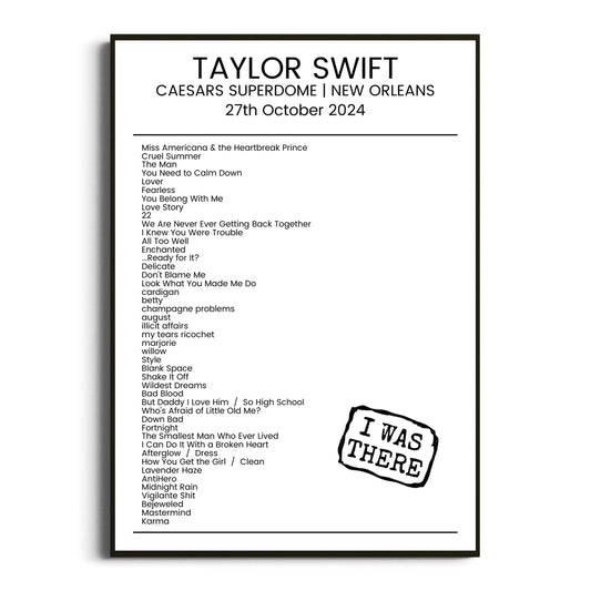 Taylor Swift New Orleans 27 October 2024 Setlist Poster