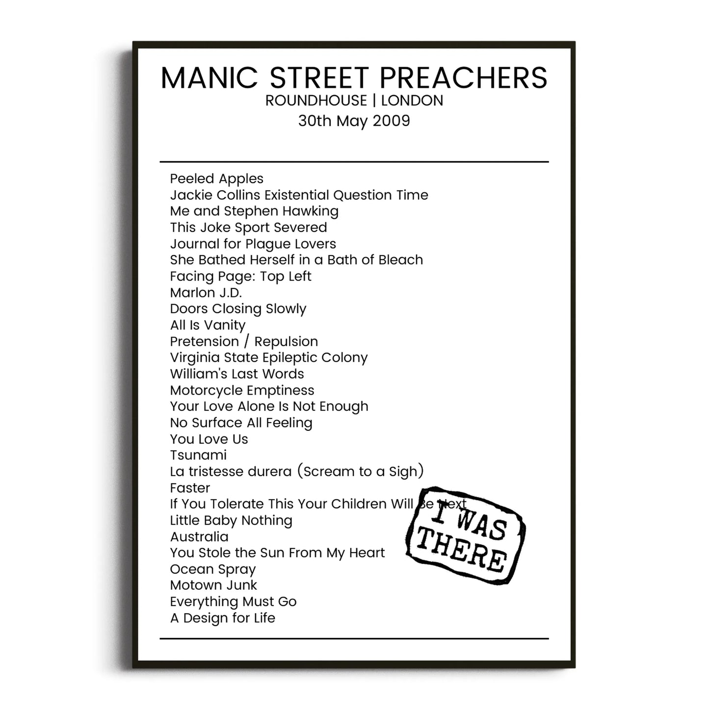 Manic Street Preachers London 30 May 2009 Setlist Poster