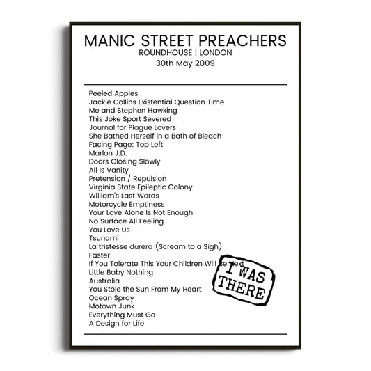 Manic Street Preachers London 30 May 2009 Setlist Poster