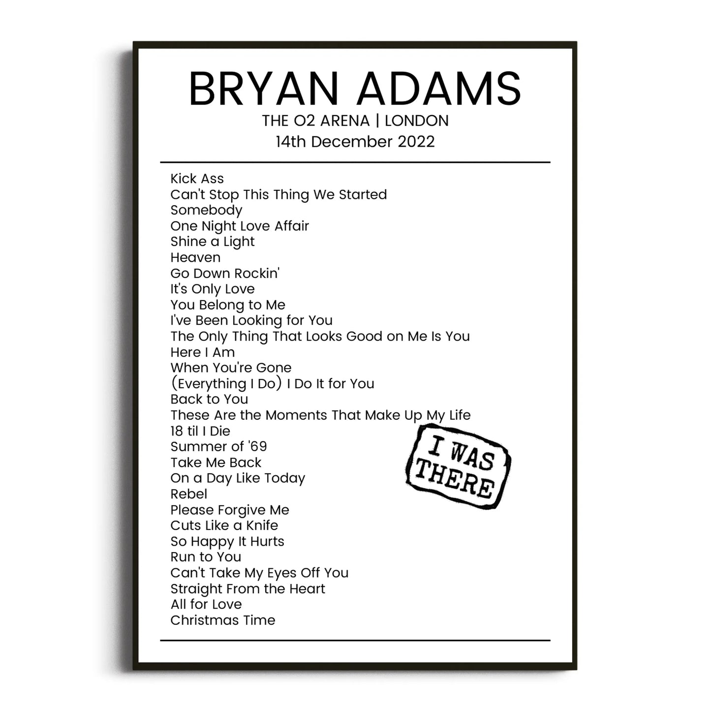 Bryan Adams London 14 December 2022 Setlist Poster