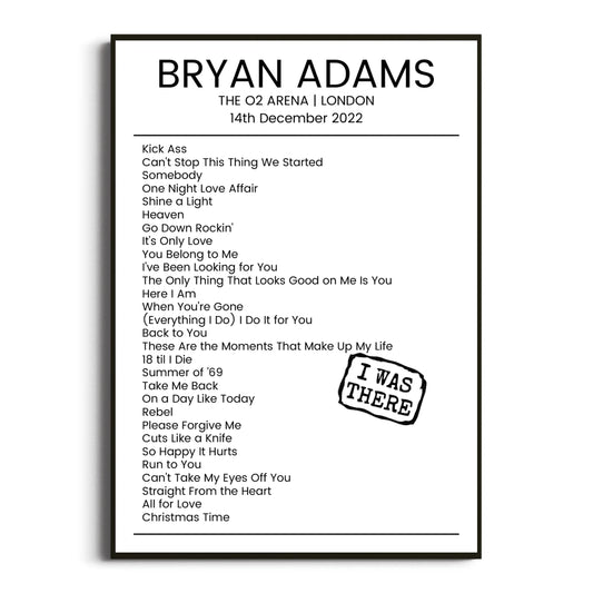 Bryan Adams London 14 December 2022 Setlist Poster