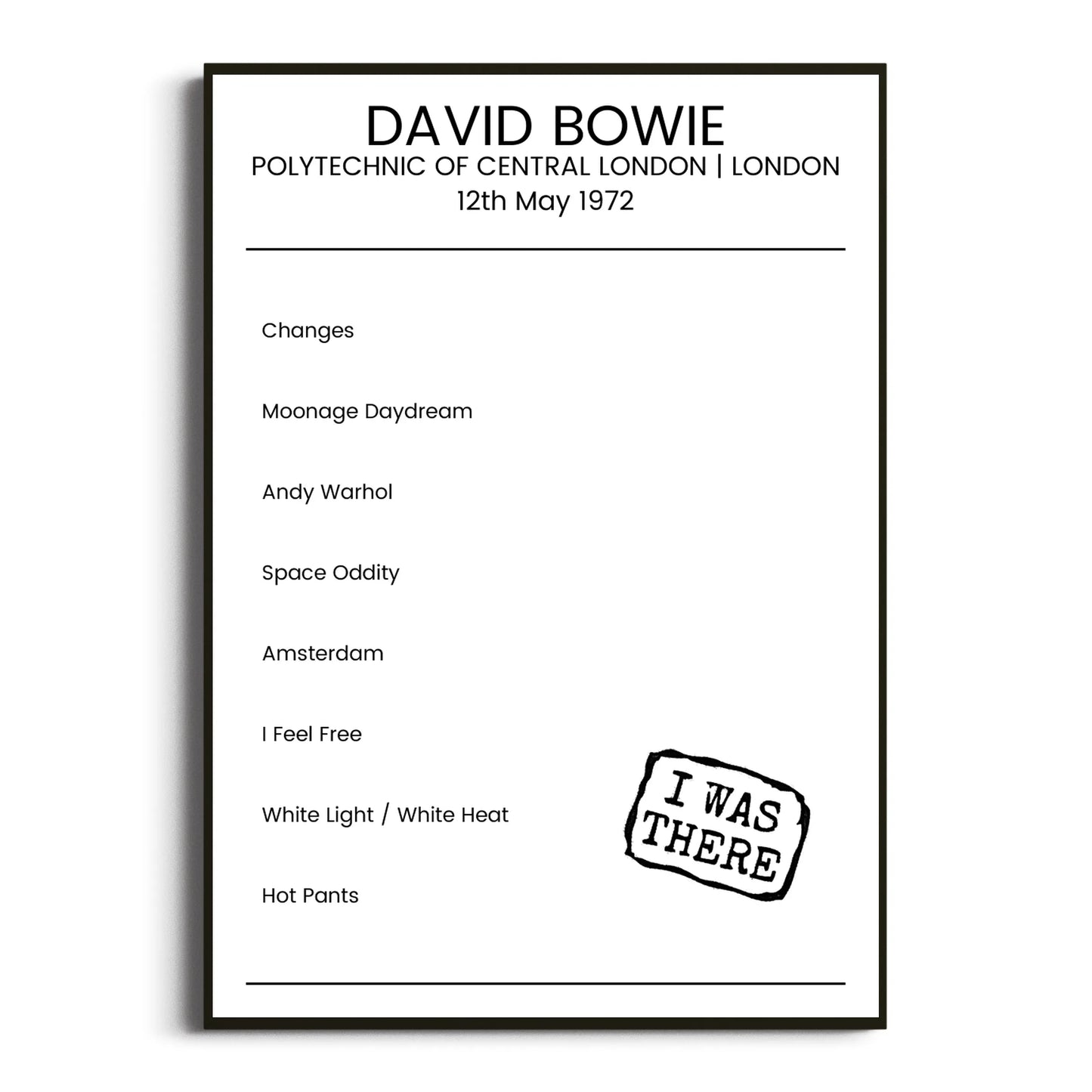 David Bowie London 12 May 1972 Setlist Poster