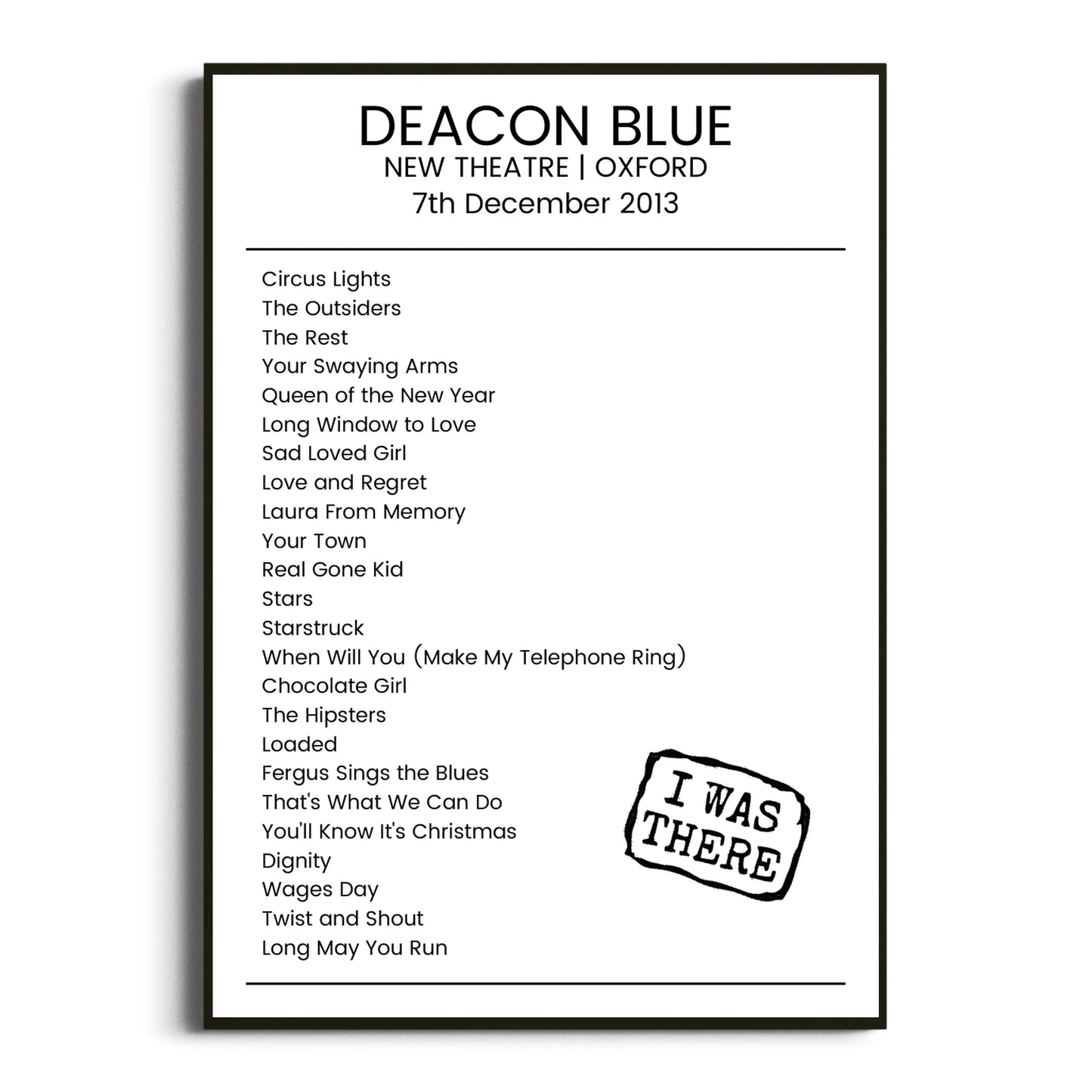 Deacon Blue Oxford 07 December 2013 Setlist Poster