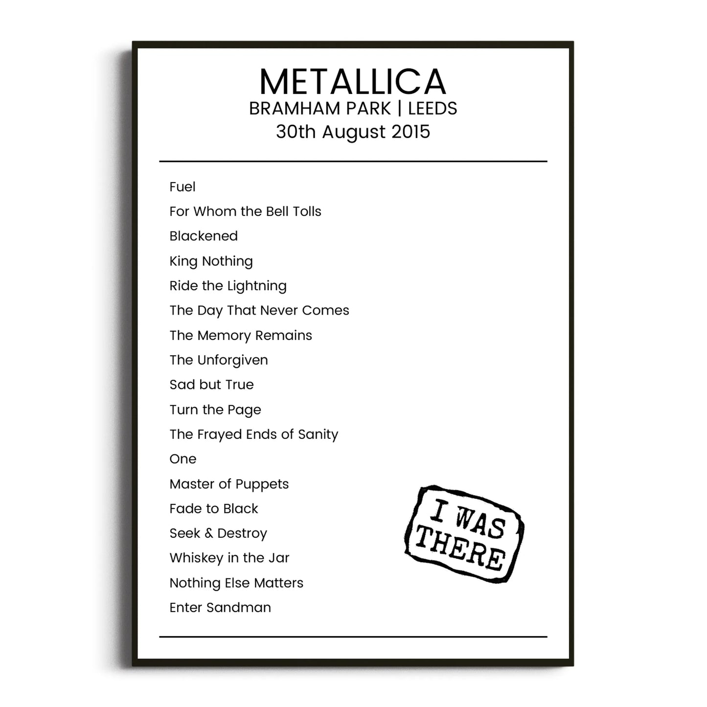 Metallica Leeds 30 August 2015 Setlist Poster