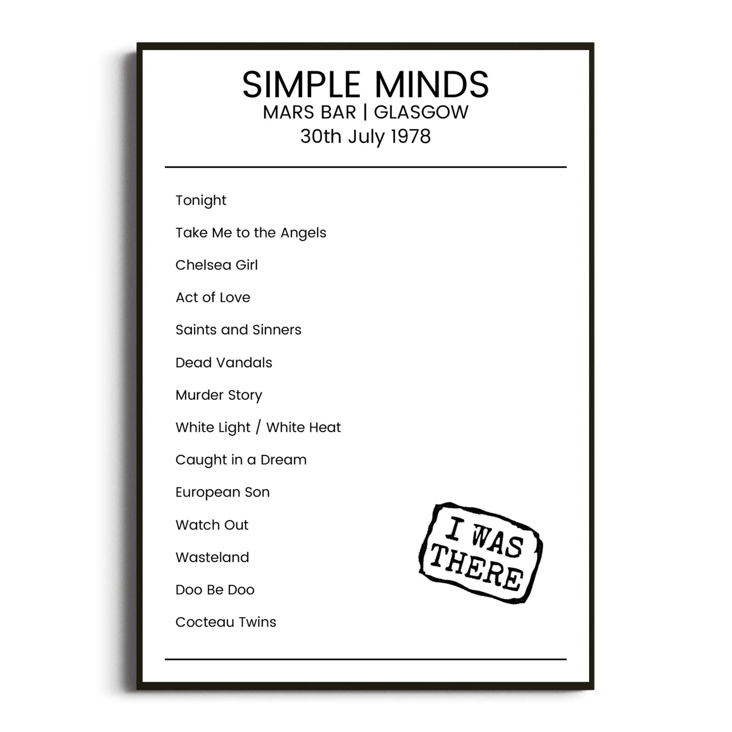 Simple Minds Glasgow 30 July 1978 Setlist Poster