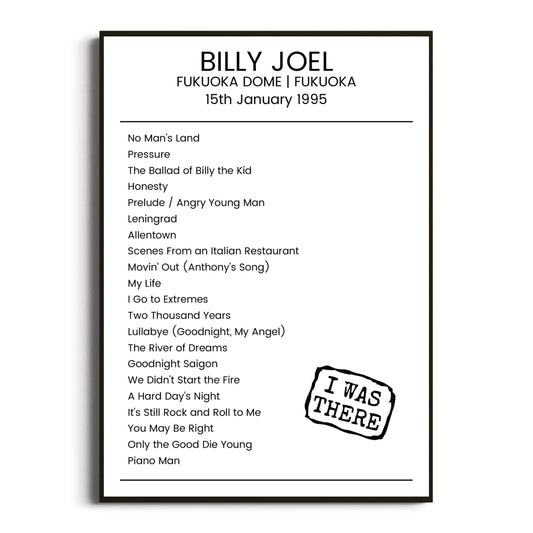 Billy Joel Fukuoka 15 January 1995 Setlist Poster