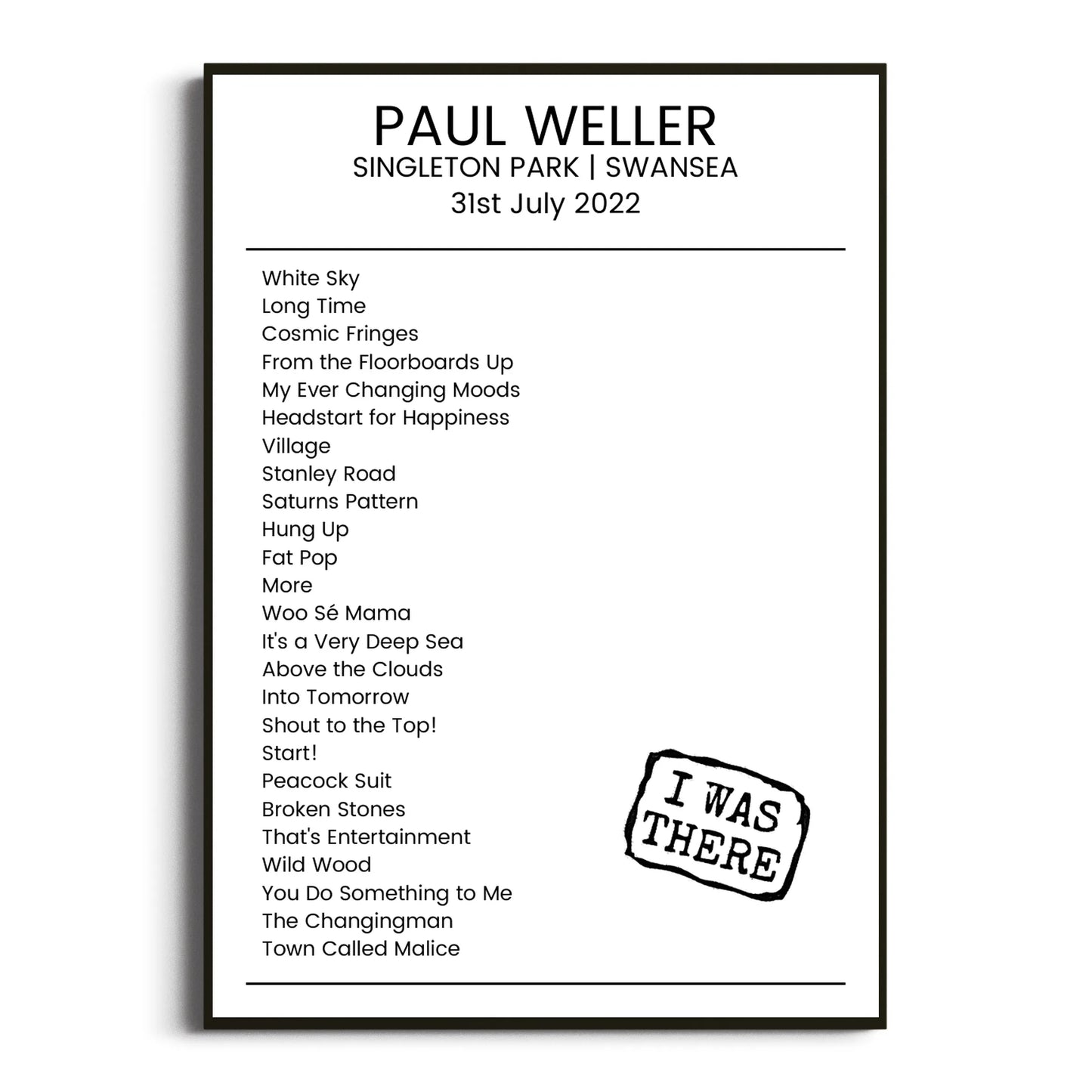 Paul Weller Swansea 31 July 2022 Setlist Poster