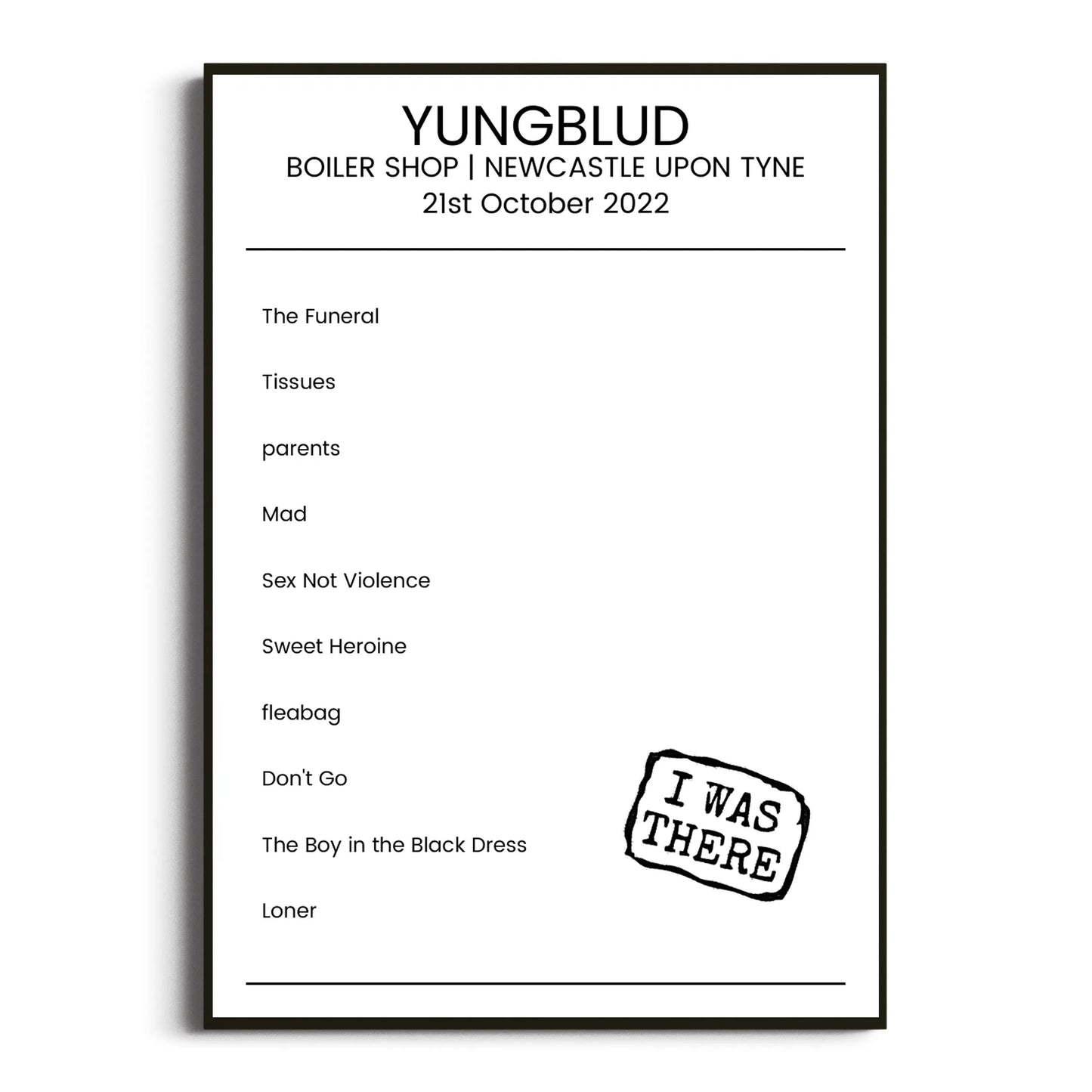 YUNGBLUD Newcastle upon Tyne 21 October 2022 Setlist Poster