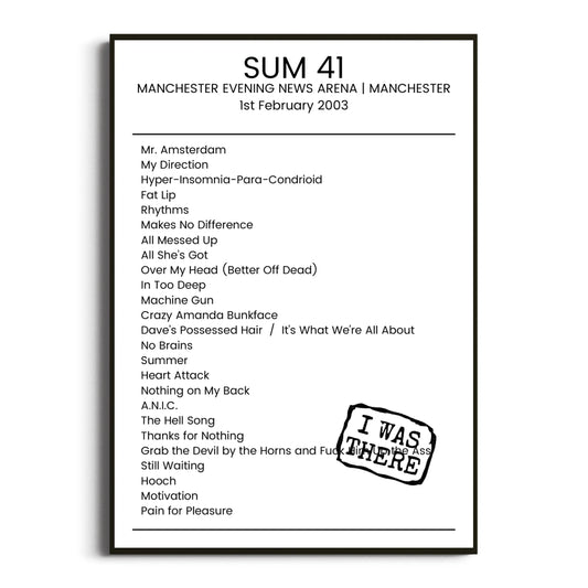 Sum 41 Manchester 01 February 2003 Setlist Poster