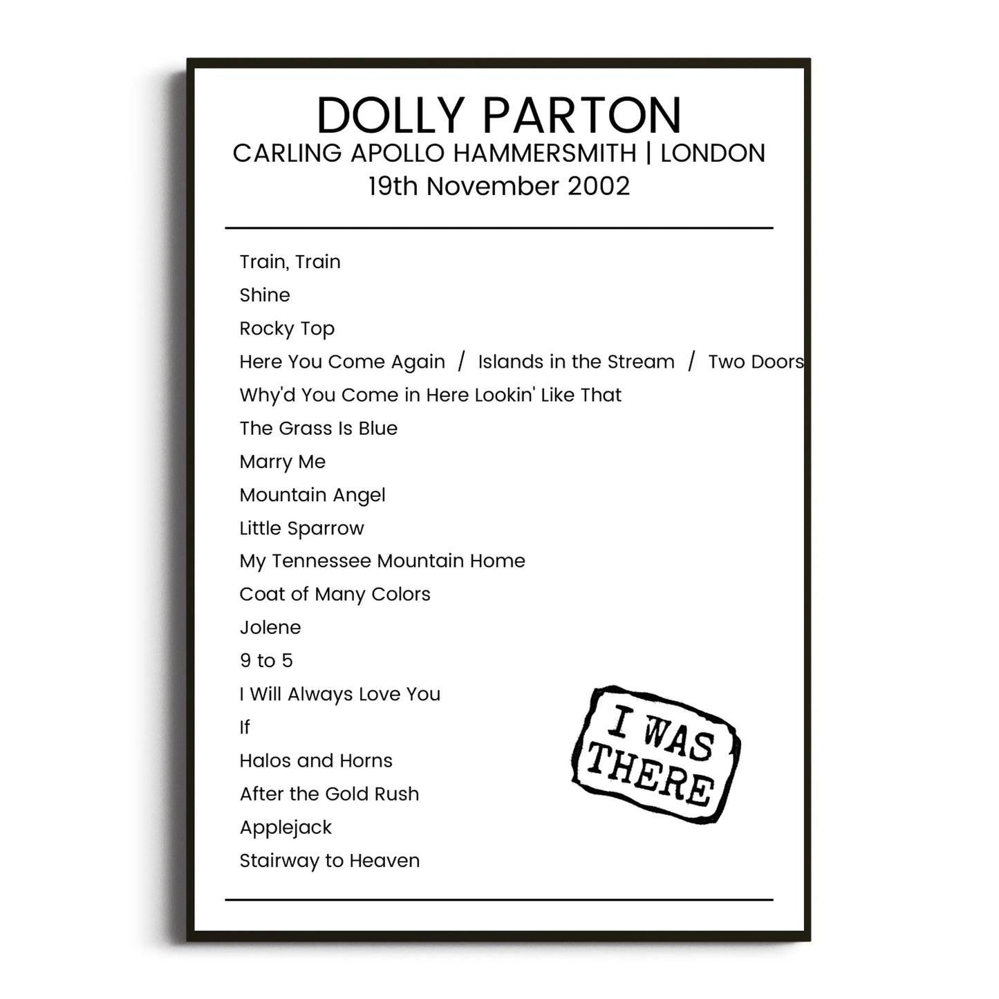 Dolly Parton London 19 November 2002 Setlist Poster