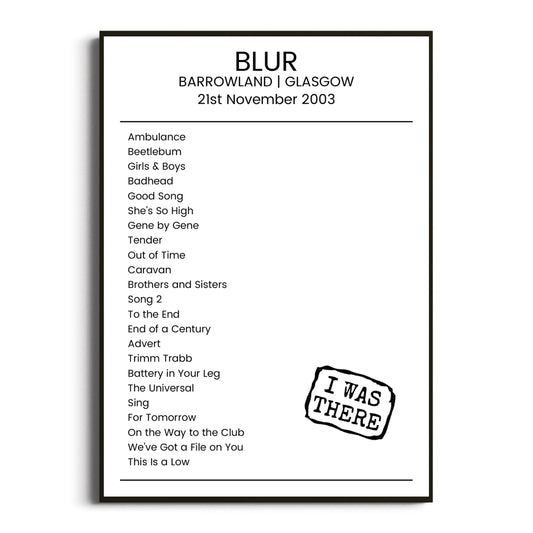 Blur Glasgow 21 November 2003 Setlist Poster