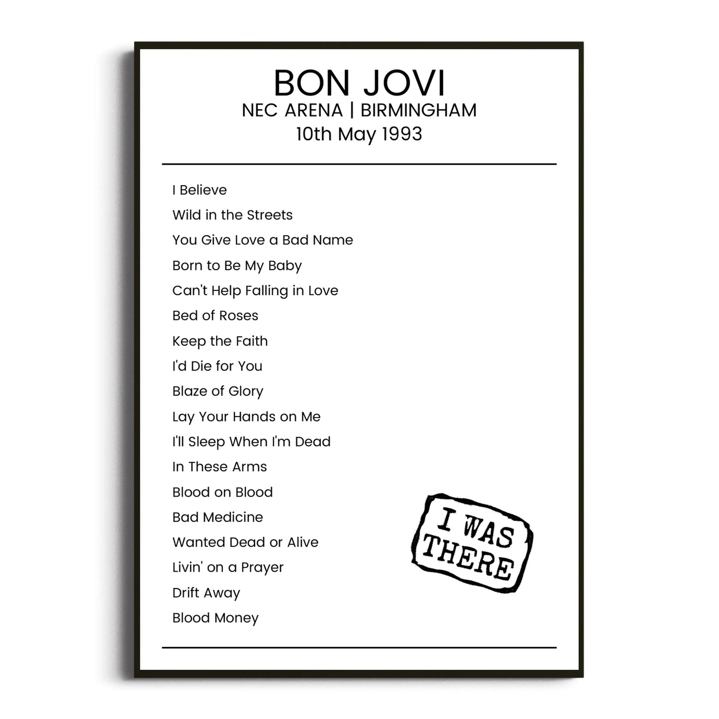 Bon Jovi Birmingham 10 May 1993 Setlist Poster