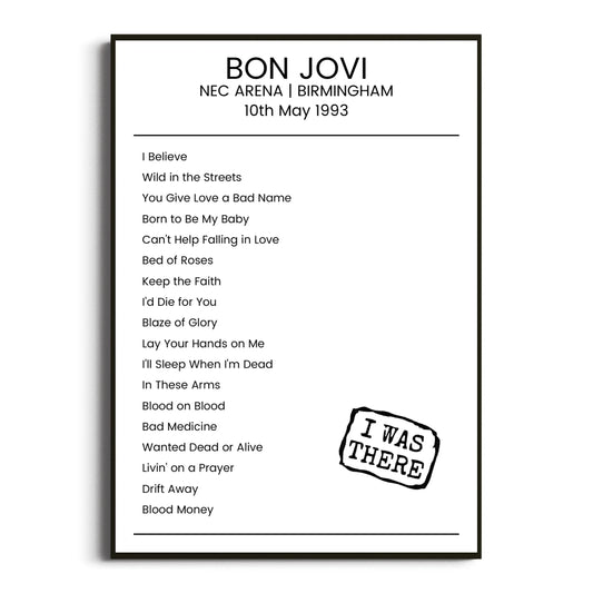 Bon Jovi Birmingham 10 May 1993 Setlist Poster