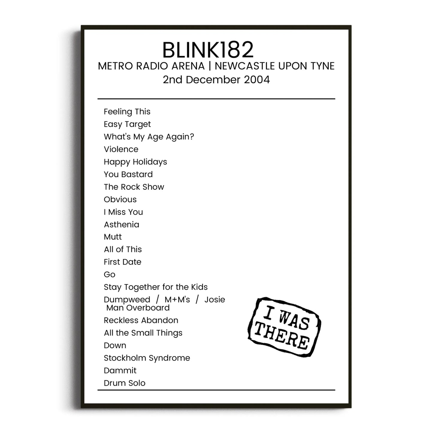 blink‐182 Newcastle upon Tyne 02 December 2004 Setlist Poster