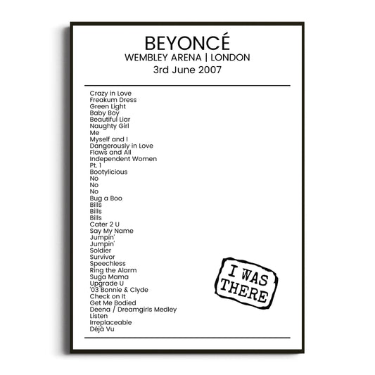 Beyoncé London 03 June 2007 Setlist Poster