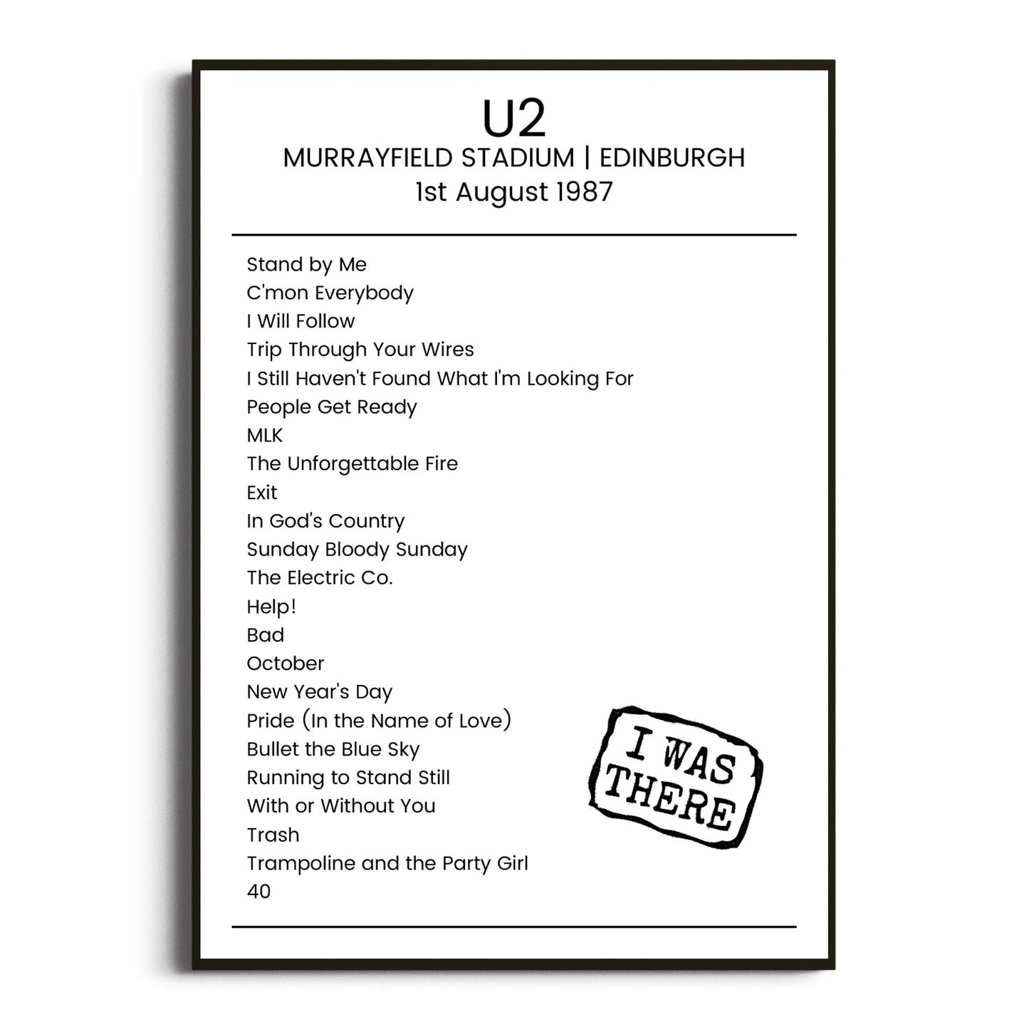 U2 Edinburgh 01 August 1987 Setlist Poster