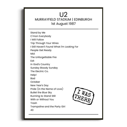 U2 Edinburgh 01 August 1987 Setlist Poster