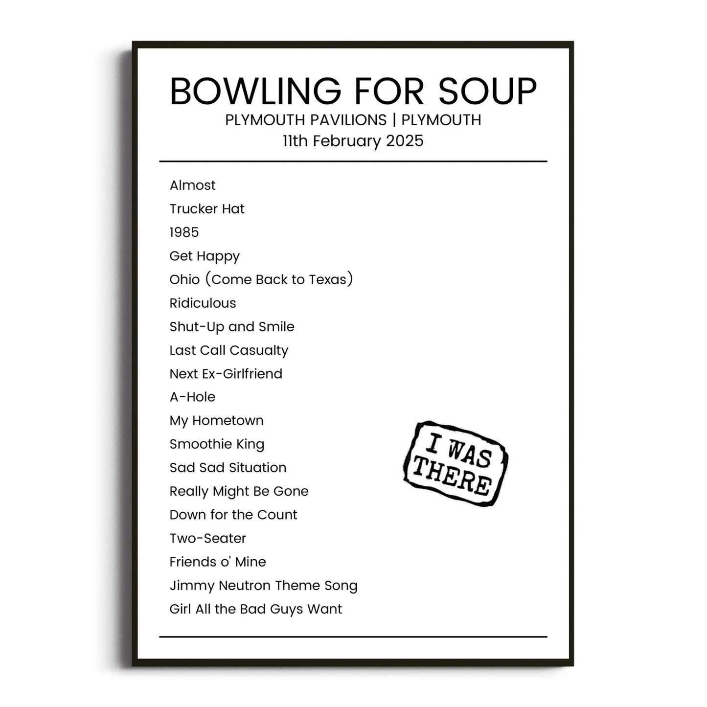 Bowling for Soup Plymouth 11 February 2025 Setlist Poster