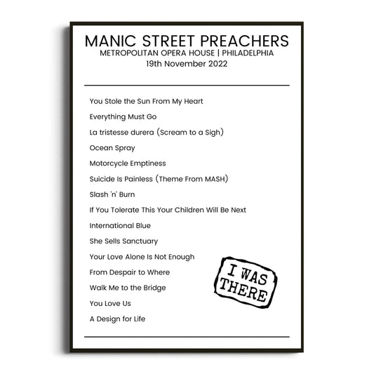 Manic Street Preachers Philadelphia 19 November 2022 Setlist Poster