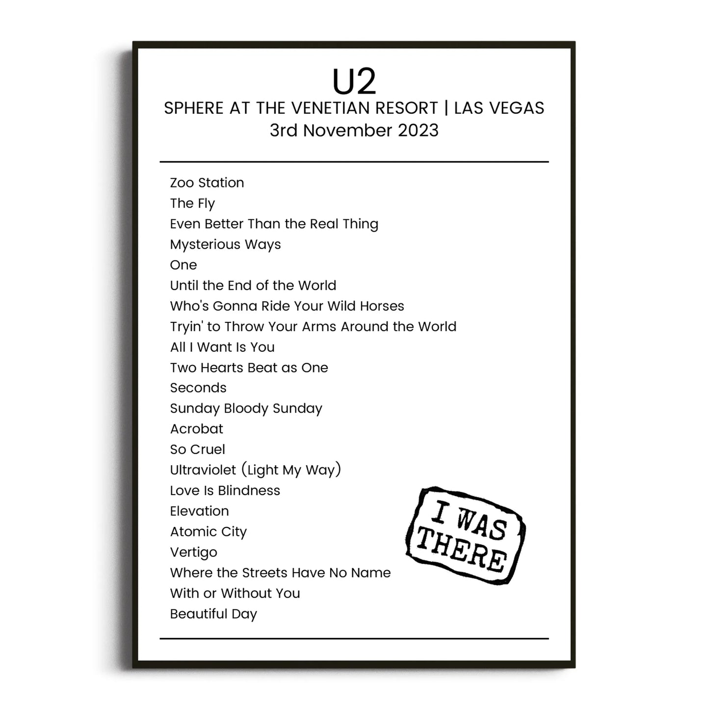 U2 Las Vegas 03 November 2023 Setlist Poster