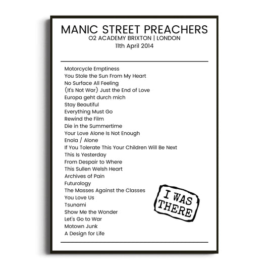 Manic Street Preachers London 11 April 2014 Setlist Poster