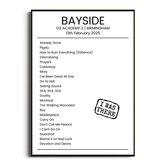 Bayside Birmingham 13 February 2025 Setlist Poster