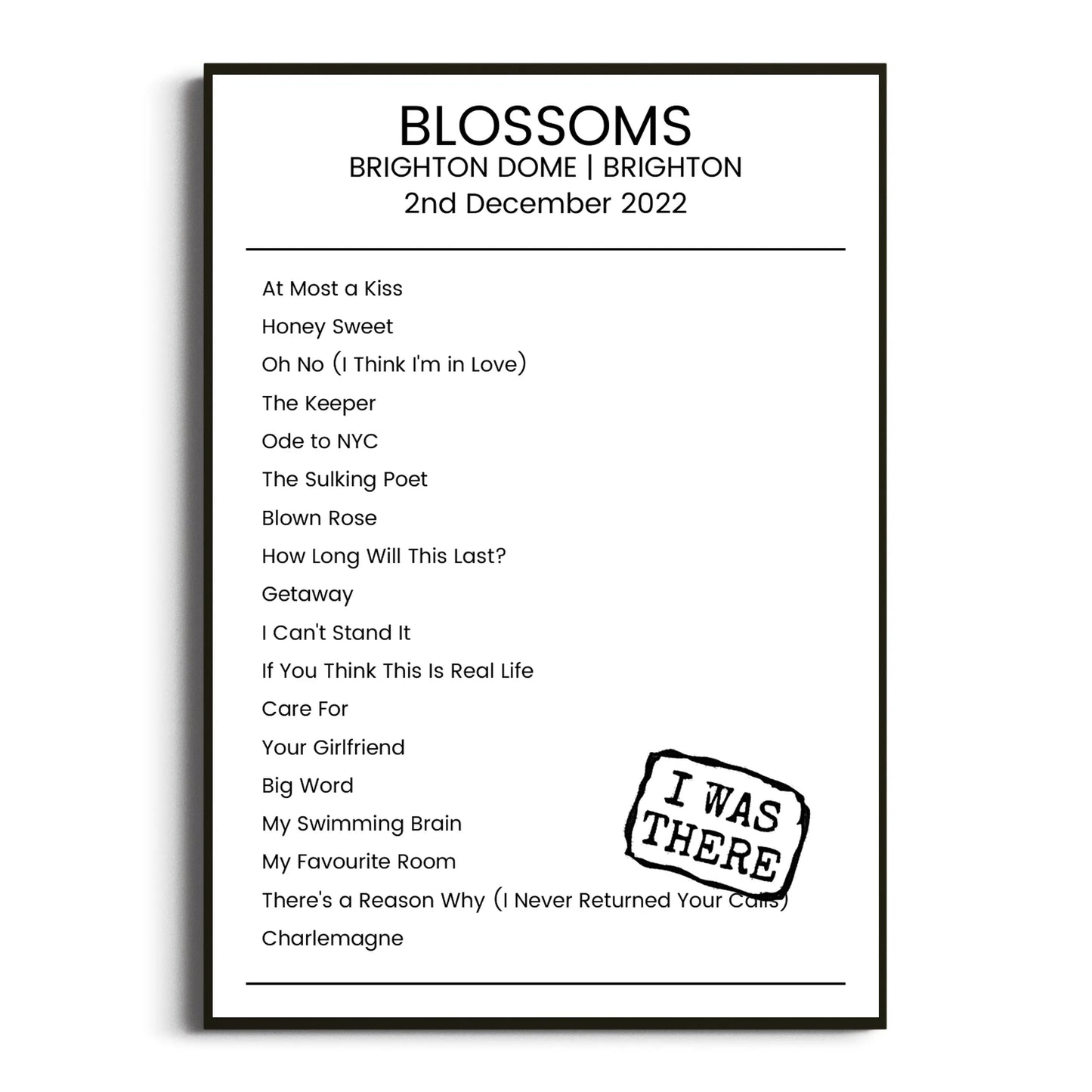 Blossoms Brighton 02 December 2022 Setlist Poster