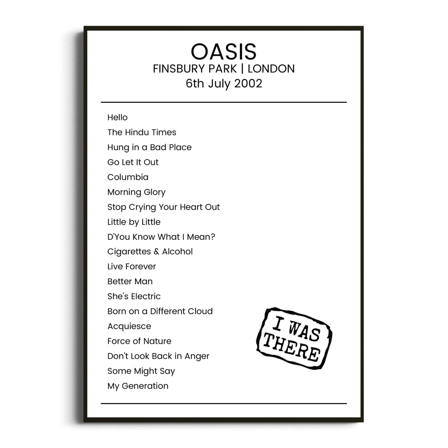 Oasis London 06 July 2002 Setlist Poster