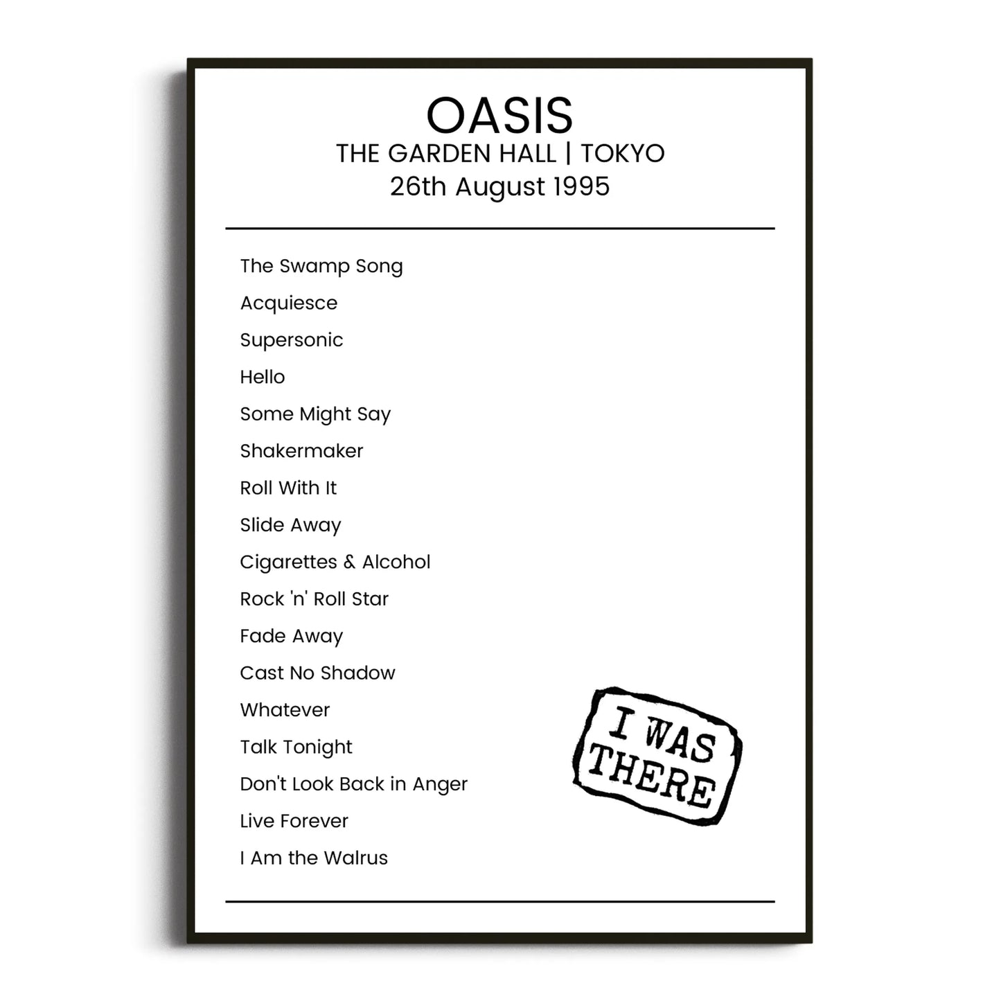 Oasis Tokyo 26 August 1995 Setlist Poster