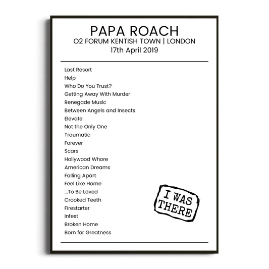 Papa Roach London 17 April 2019 Setlist Poster