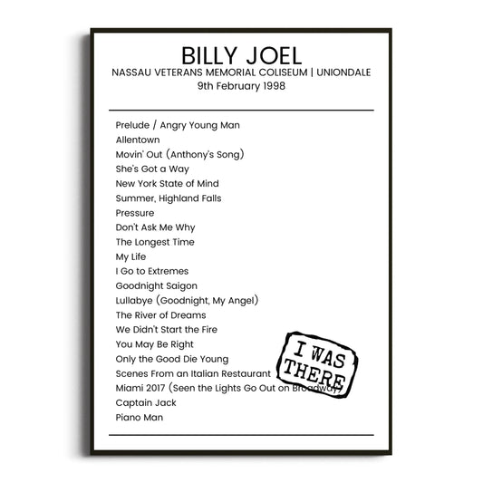 Billy Joel Uniondale 09 February 1998 Setlist Poster