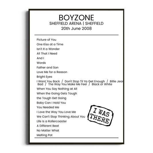 Boyzone Sheffield 20 June 2008 Setlist Poster