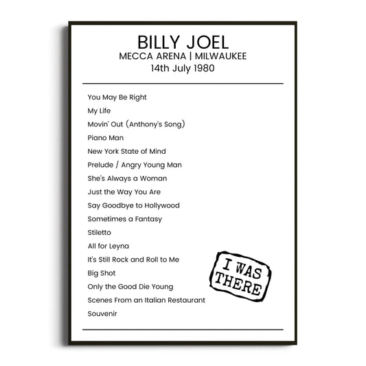 Billy Joel Milwaukee 14 July 1980 Setlist Poster